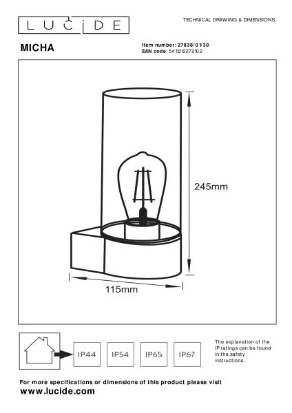 Lucide MICHA - Lámpara de pared Dentro/Fuera - 1xE27 - IP44 - Negro - técnico